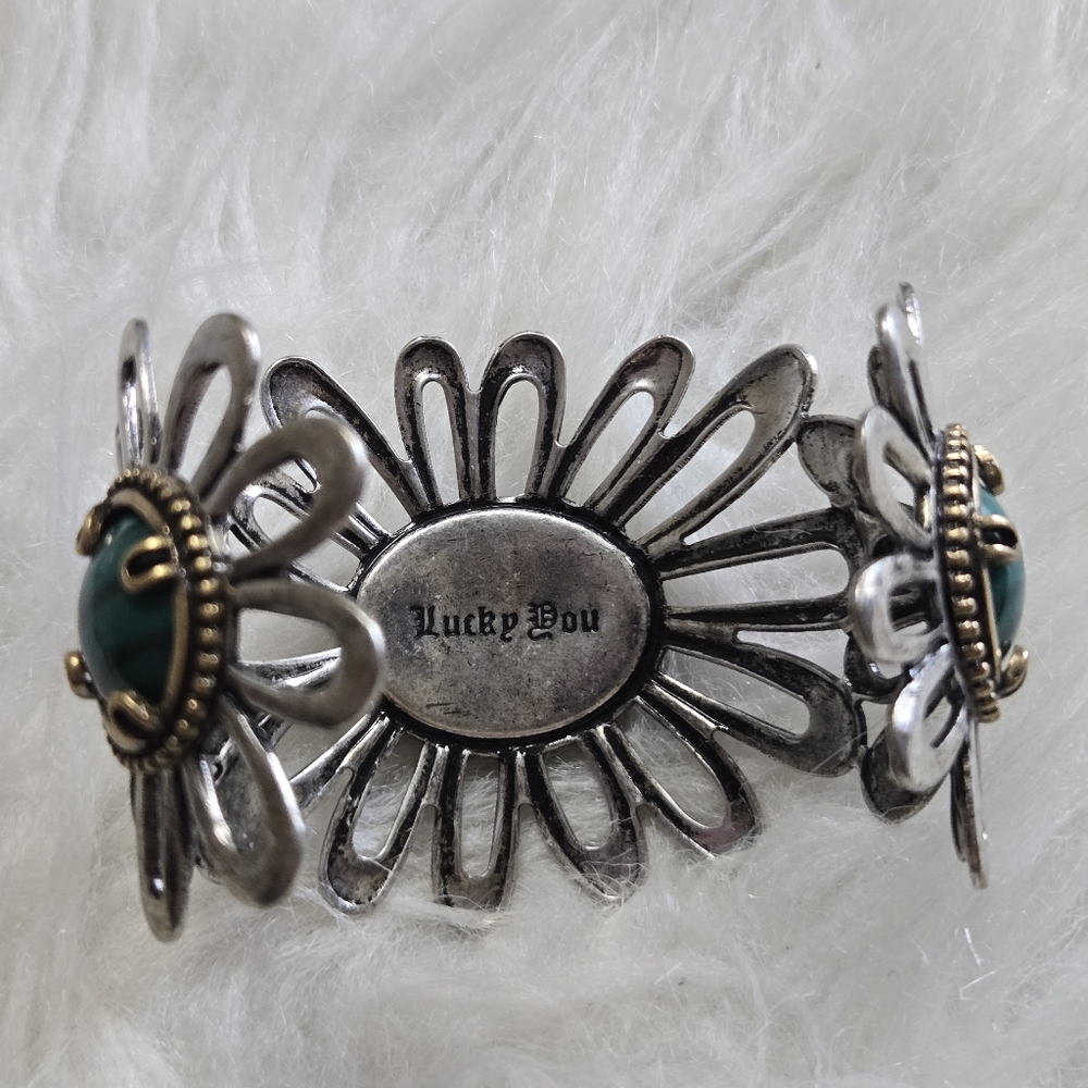 LUCKY BRAND Boho Southwest Faux Turquoise Malachite Flower Cuff Bracelet Western - Picture 9 of 15